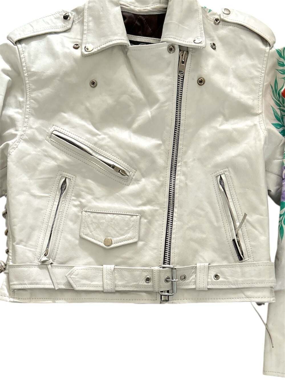 Jamin Leather White Floral Hand-Painted Biker Jacket - Picture 5 of 12